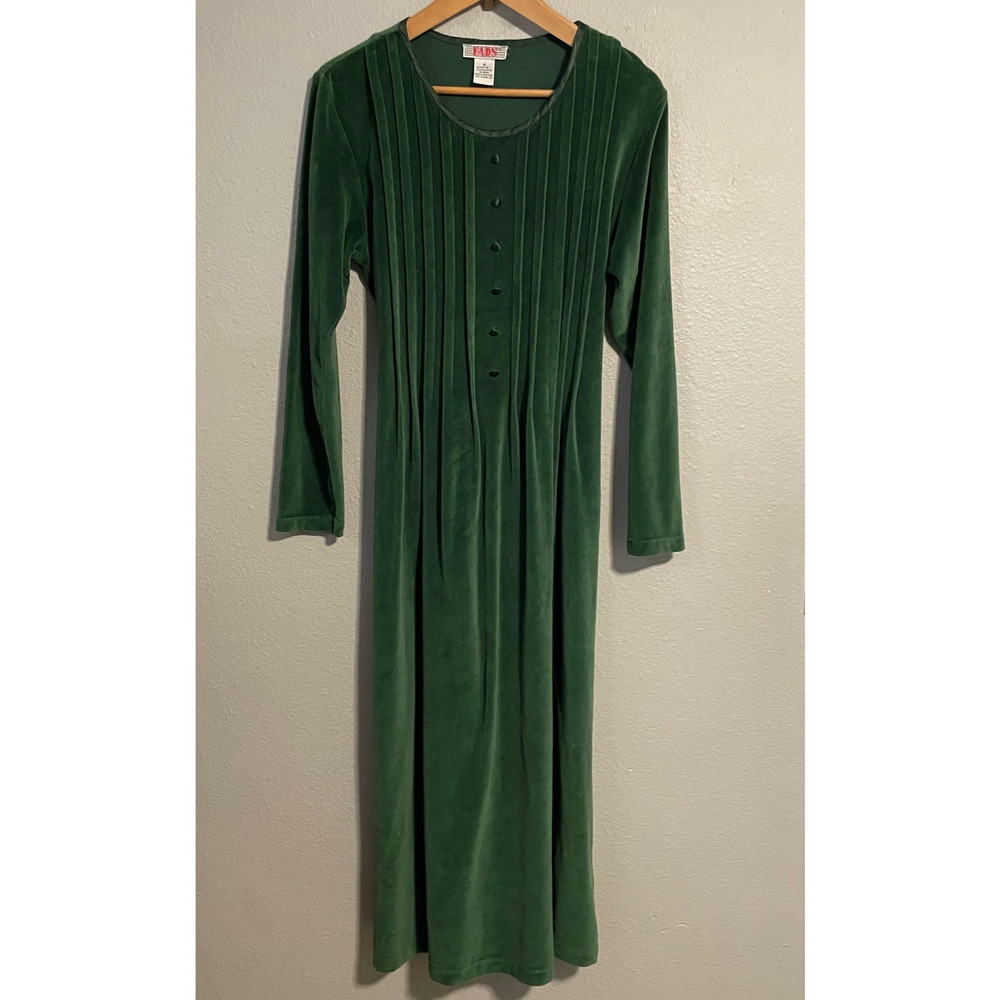 Vintage FADS Sweater Dress Womens Medium Green Velour Pleated Belted Maxi 90s